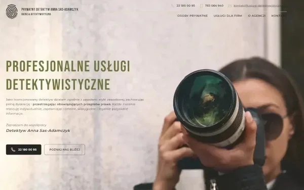 Homepage of uslugi-detektywistyczne.pl: a woman photographing with a telephoto lens